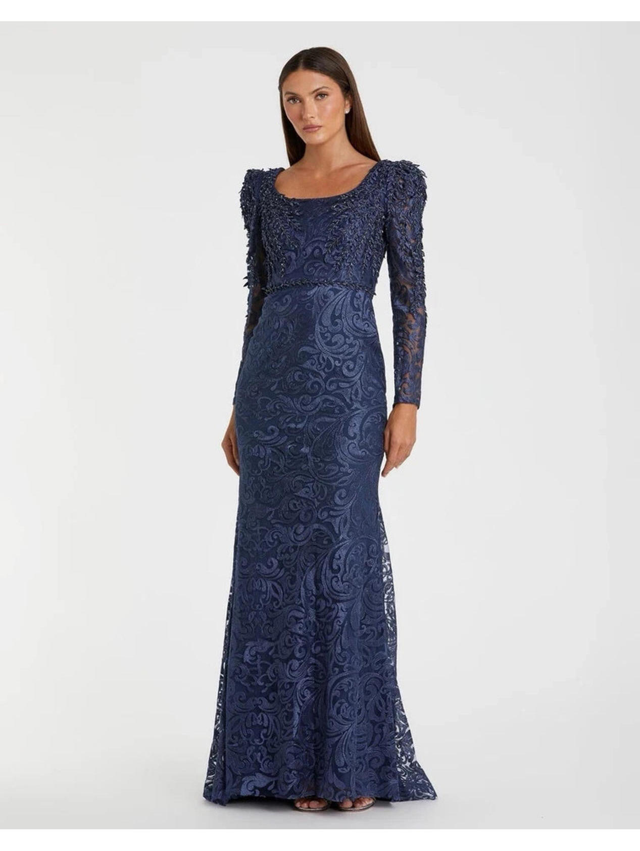 Mac Duggal Navy Long Sleeve Lace Evening Gown